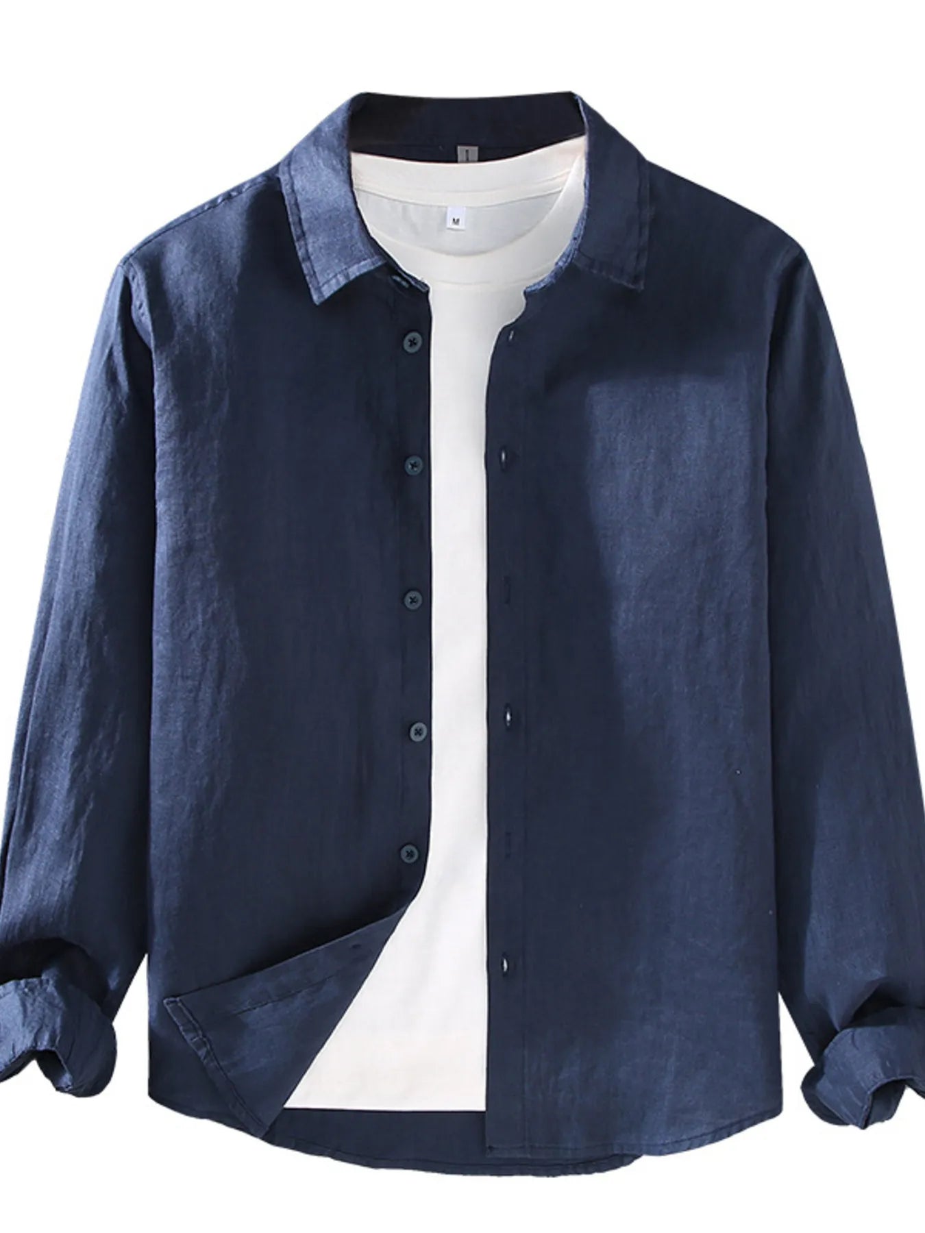 Navy button-up long sleeve shirt with button placket and collared neckline