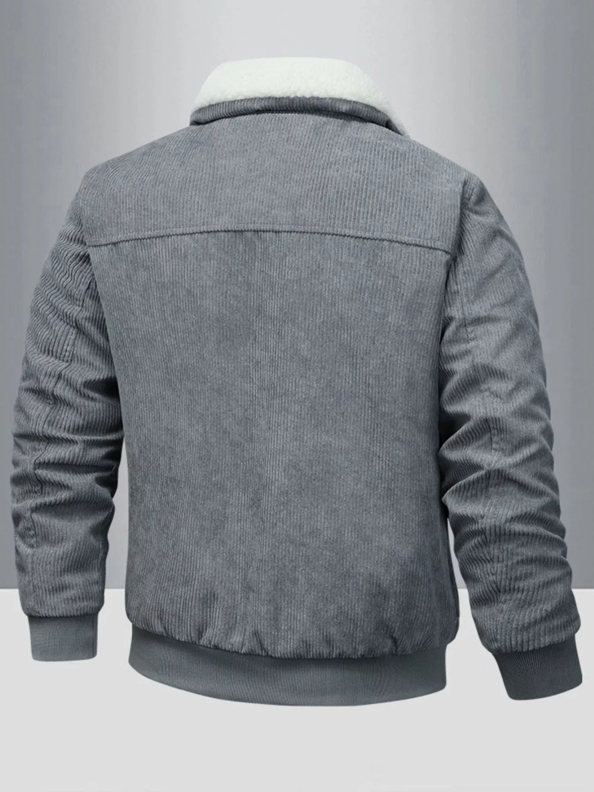Men's corduroy jacket, gray with sherpa collar, full back view