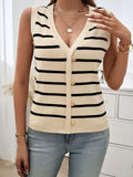 Cream-and-black striped knit V-neck tank with button-front placket, sleeveless