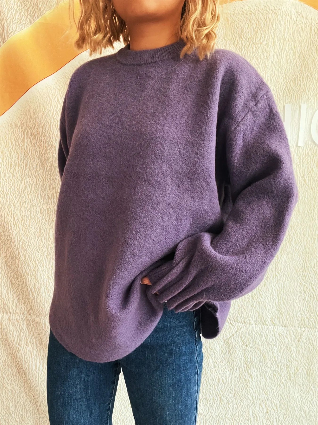 Dropped-shoulder sweater, purple, round neckline, long sleeves, front view