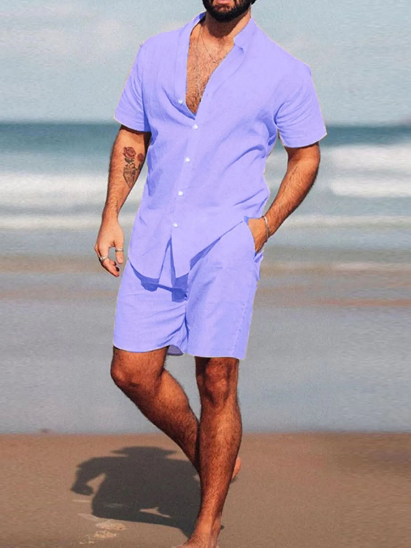 Men's short sleeve shirt and shorts set, purple button-front outfit