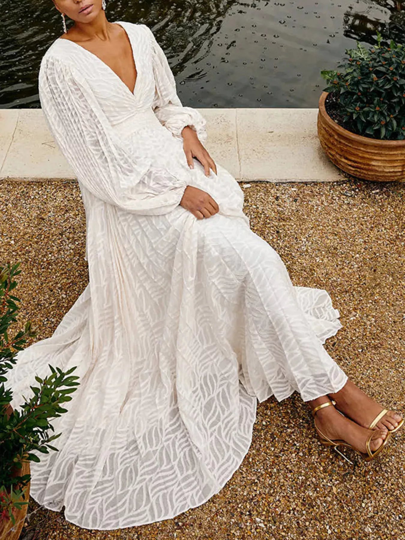 Cedar & Moore V-Neck Long Sleeve White Maxi Dress with tie waist and zipper by Trendsi