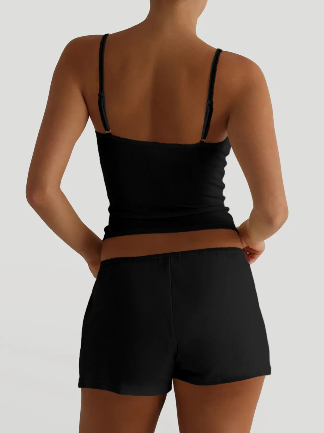 Black V-back cami and matching shorts set with adjustable straps
