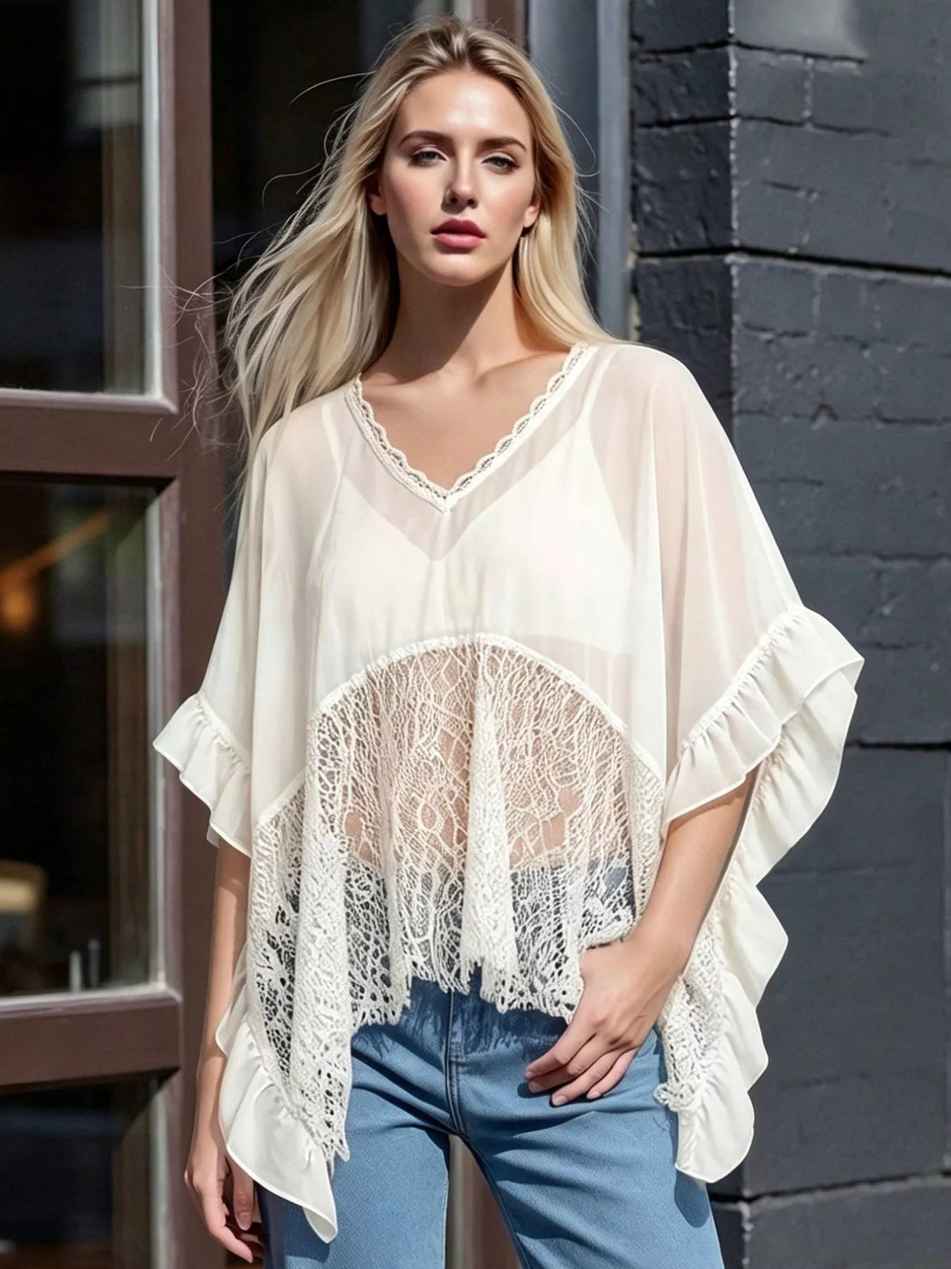 Cedar & Moore Lace Trim Flowy Cover-Up ivory sheer lace with ruffled sleeves by Trendsi