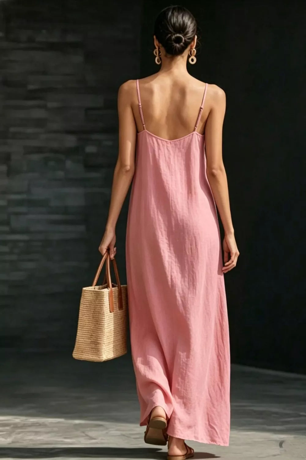 Cedar & Moore Slit V-Neck Maxi Dress, pink spaghetti-strap, back view on model with straw tote