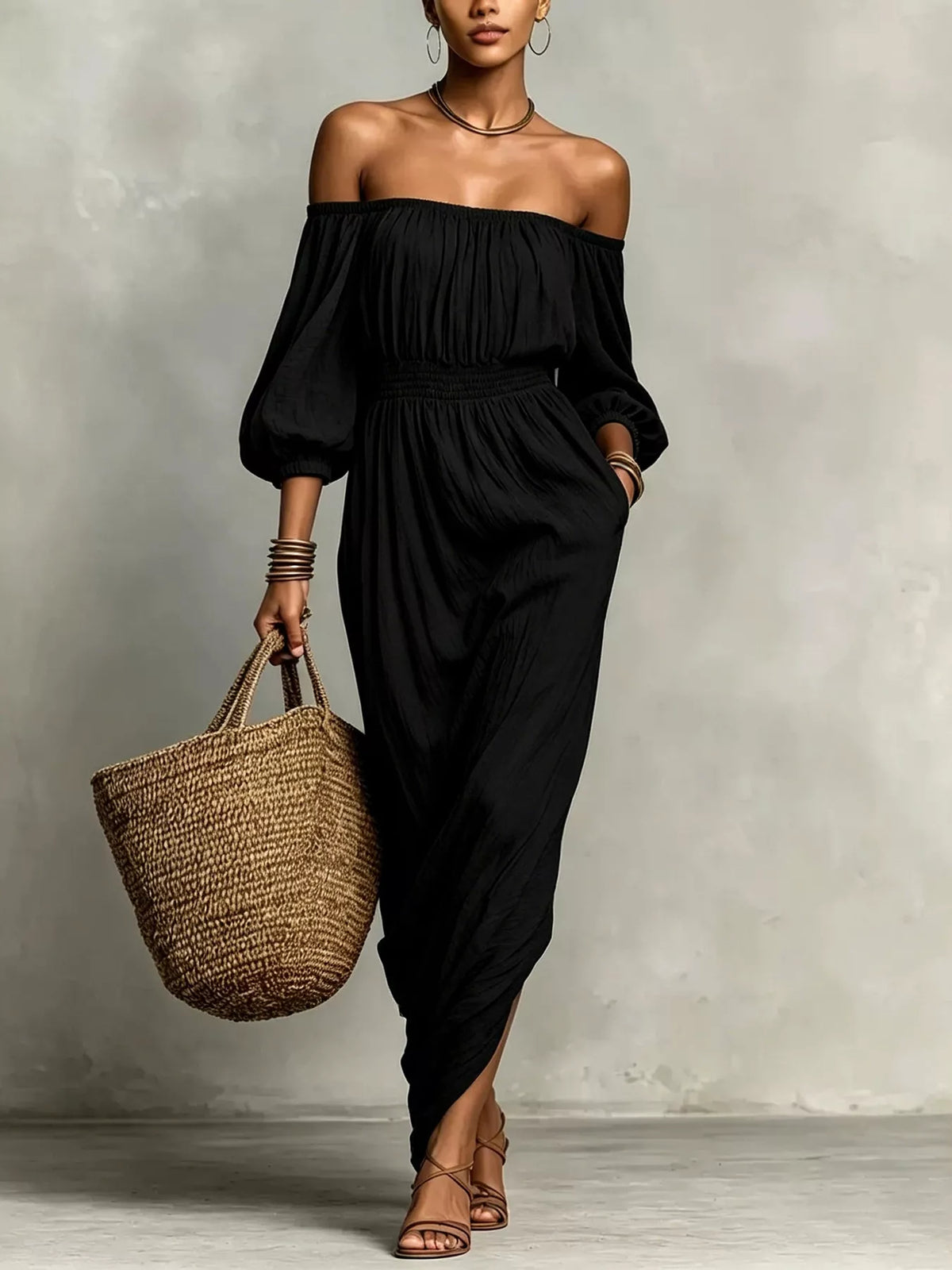 Black off-shoulder smocked maxi dress with long puff sleeves and gathered bodice