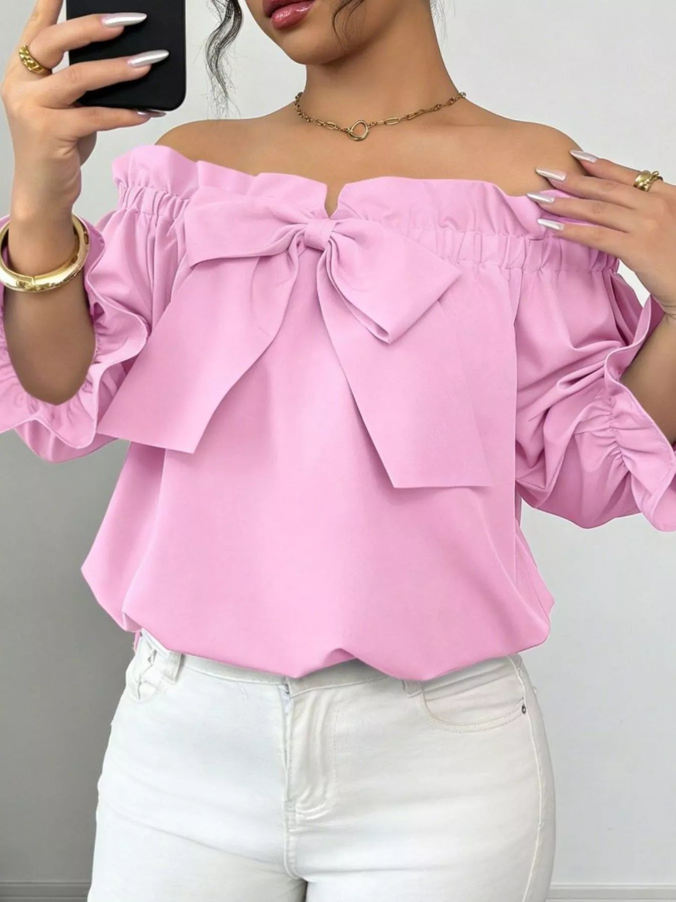 Bow Flounce Sleeve Off-Shoulder Blouse in pink by Trendsi