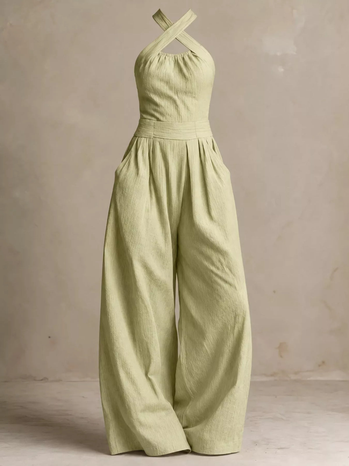 Front view high waist halter linen jumpsuit with gathered top and wide-leg pants in sage