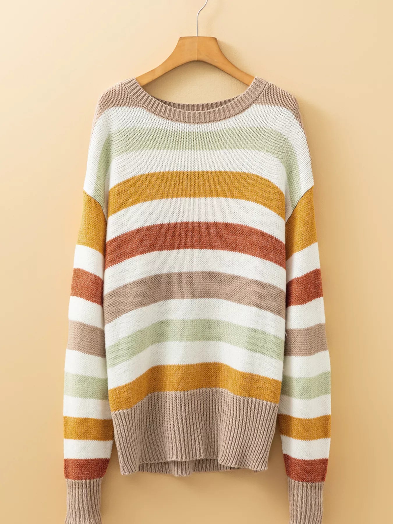 Multicolour striped crew neck sweater with ribbed collar, hem, and cuffs