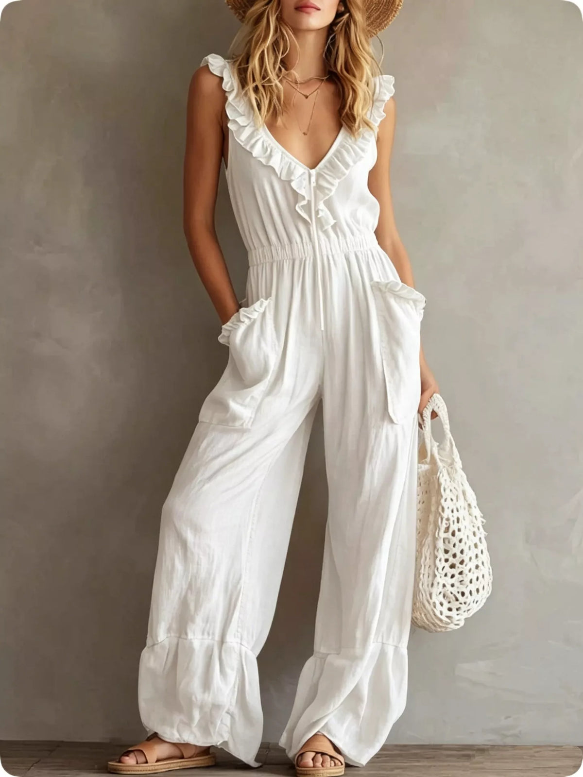 Ruffled V-neck wide-leg jumpsuit in white with gathered waist and cargo pockets