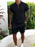 Men's collared top and shorts set, black zip polo and matching shorts