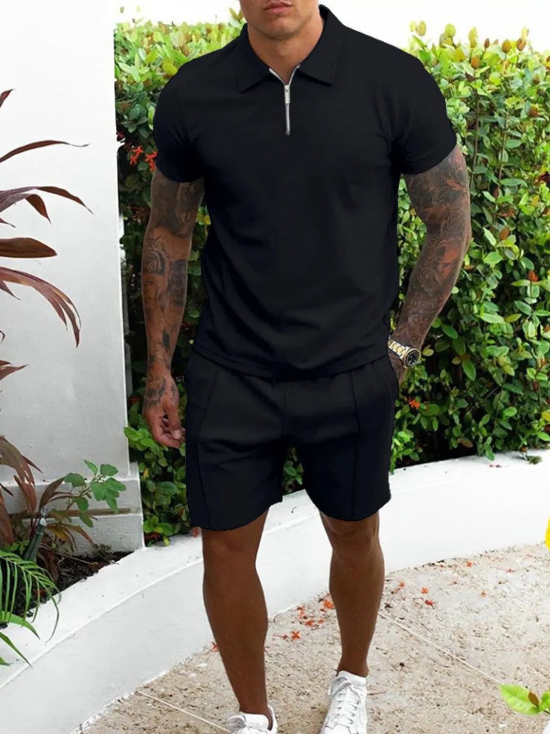 Men's collared top and shorts set, black zip polo and matching shorts