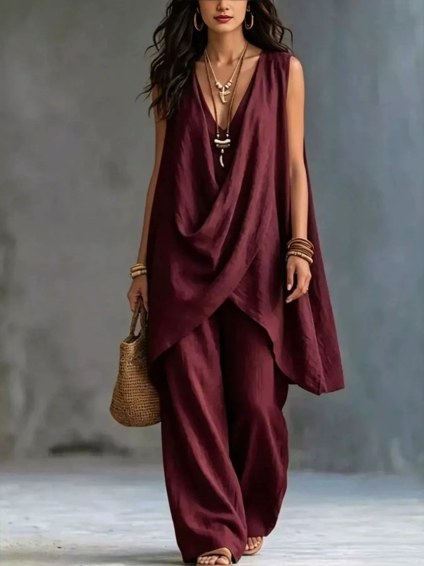 Sleeveless asymmetrical top & wide-leg pants set, burgundy draped crossover front