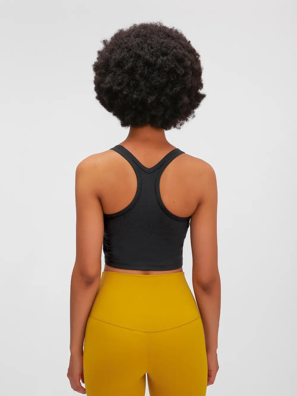 Black active scoop-neck tank top, back view with racerback straps