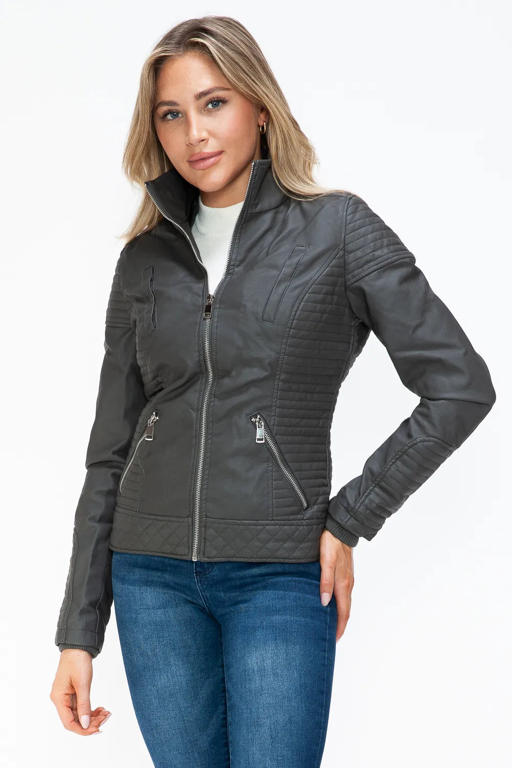 Charcoal quilted double-zip jacket with stand collar and side zip pocket details