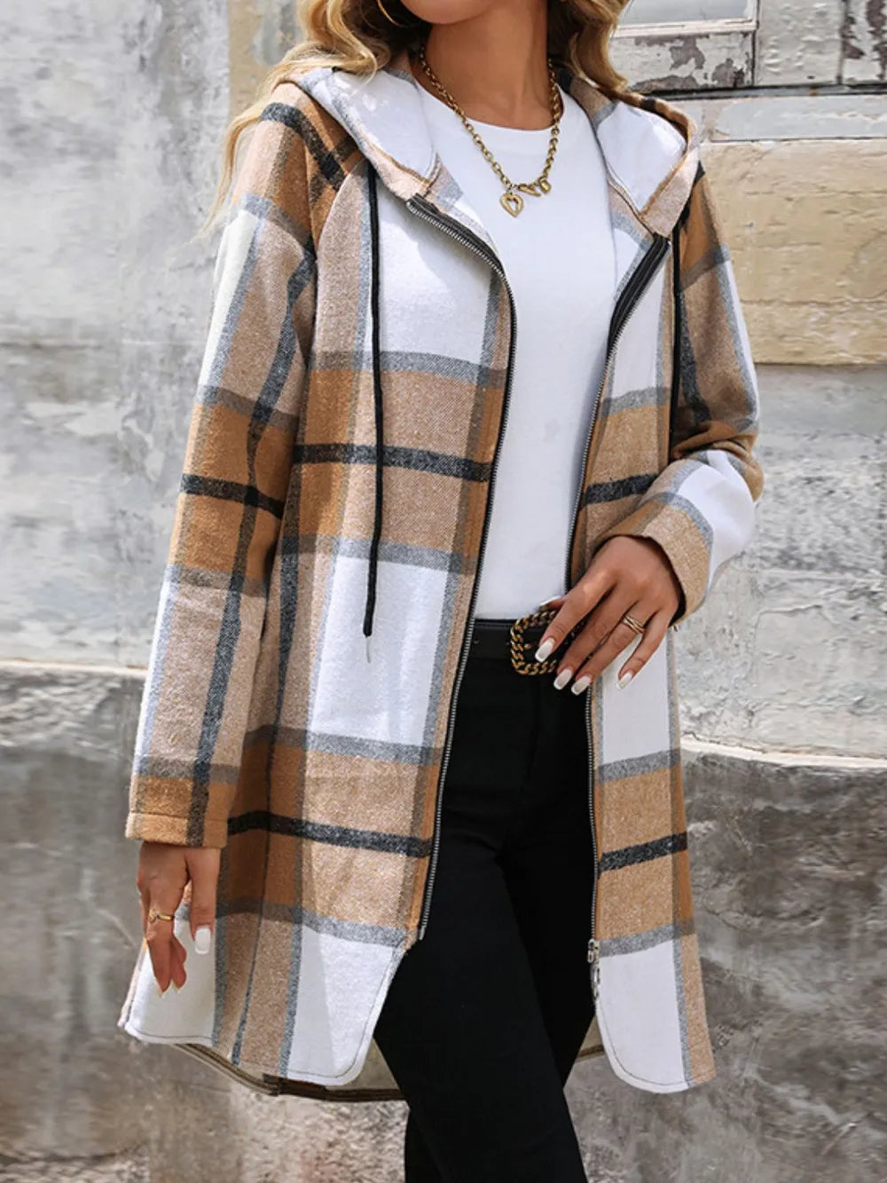 Camel plaid zip-up hooded jacket with drawstring hood and long sleeves
