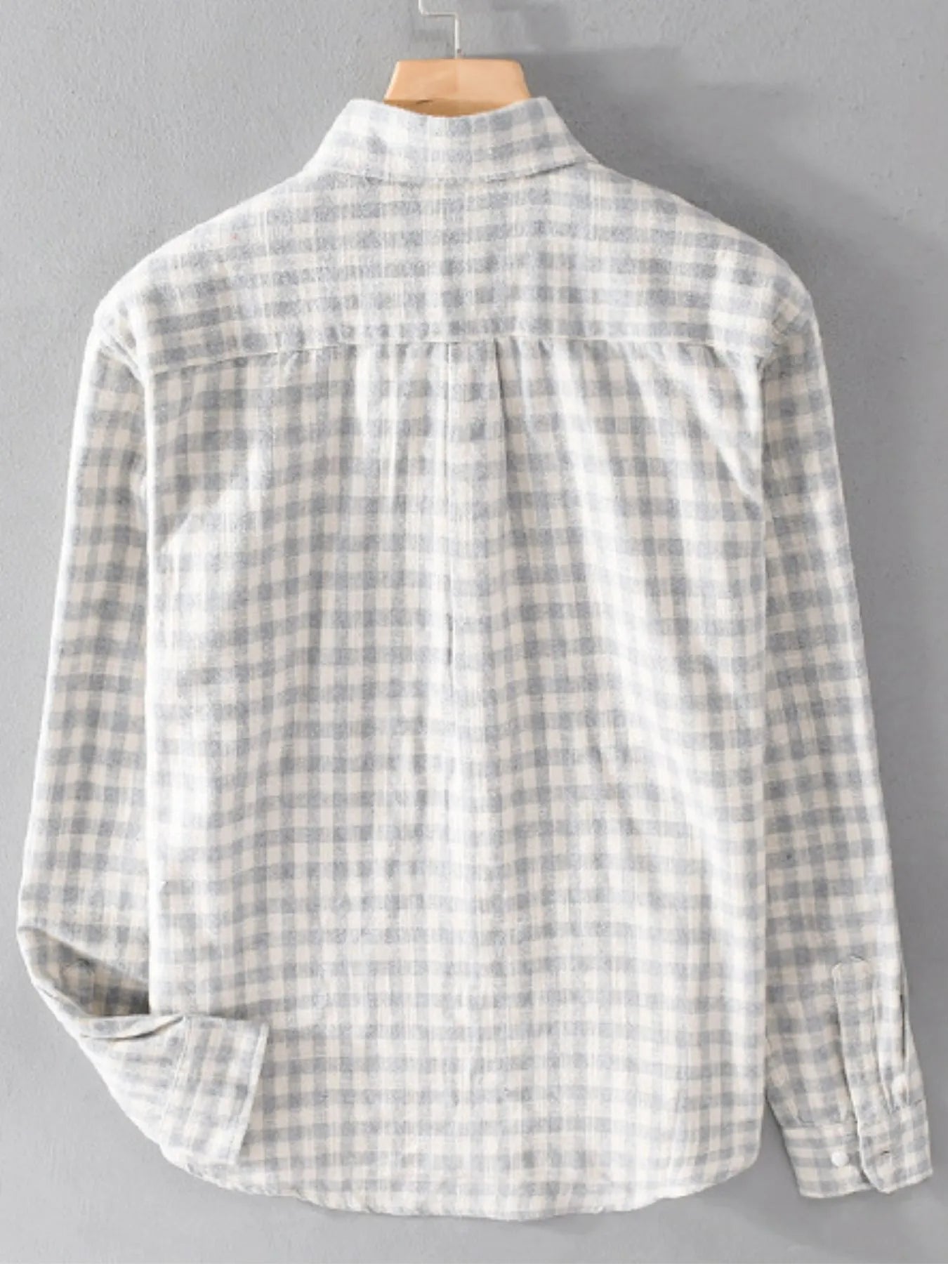 Men's plus size gingham button-up shirt, back view, gray and white check, long sleeves