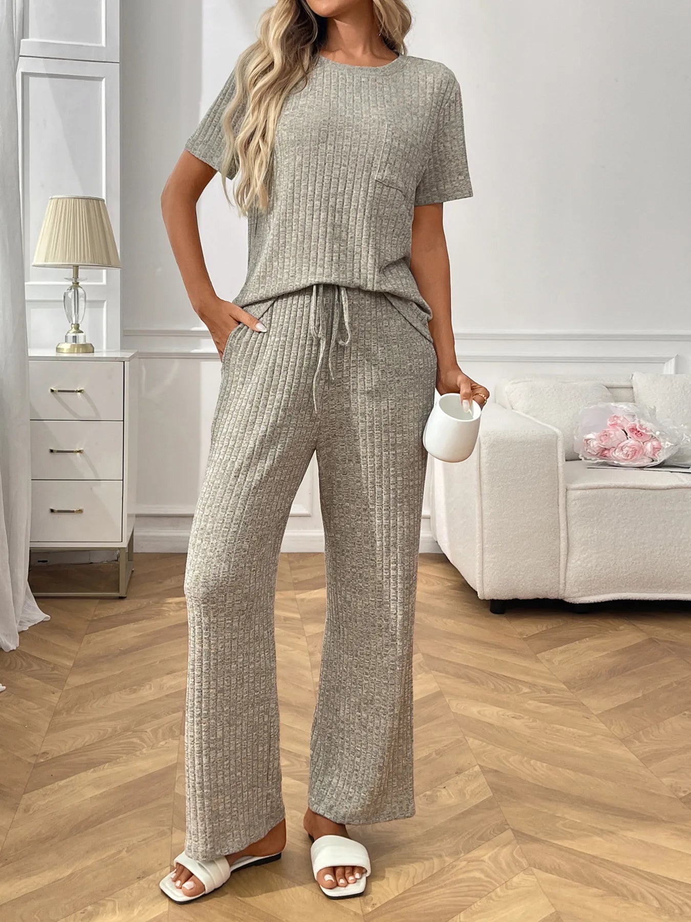 Ribbed knit lounge set with short-sleeve top and drawstring wide-leg pants, heather gray