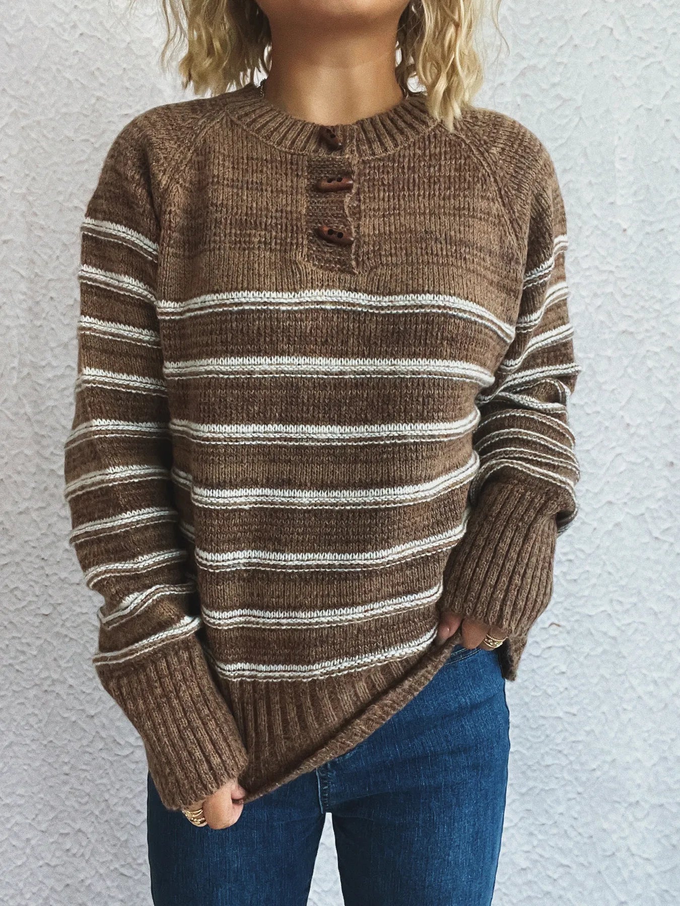 Brown striped knit sweater, button-front henley style with ribbed cuffs and hem