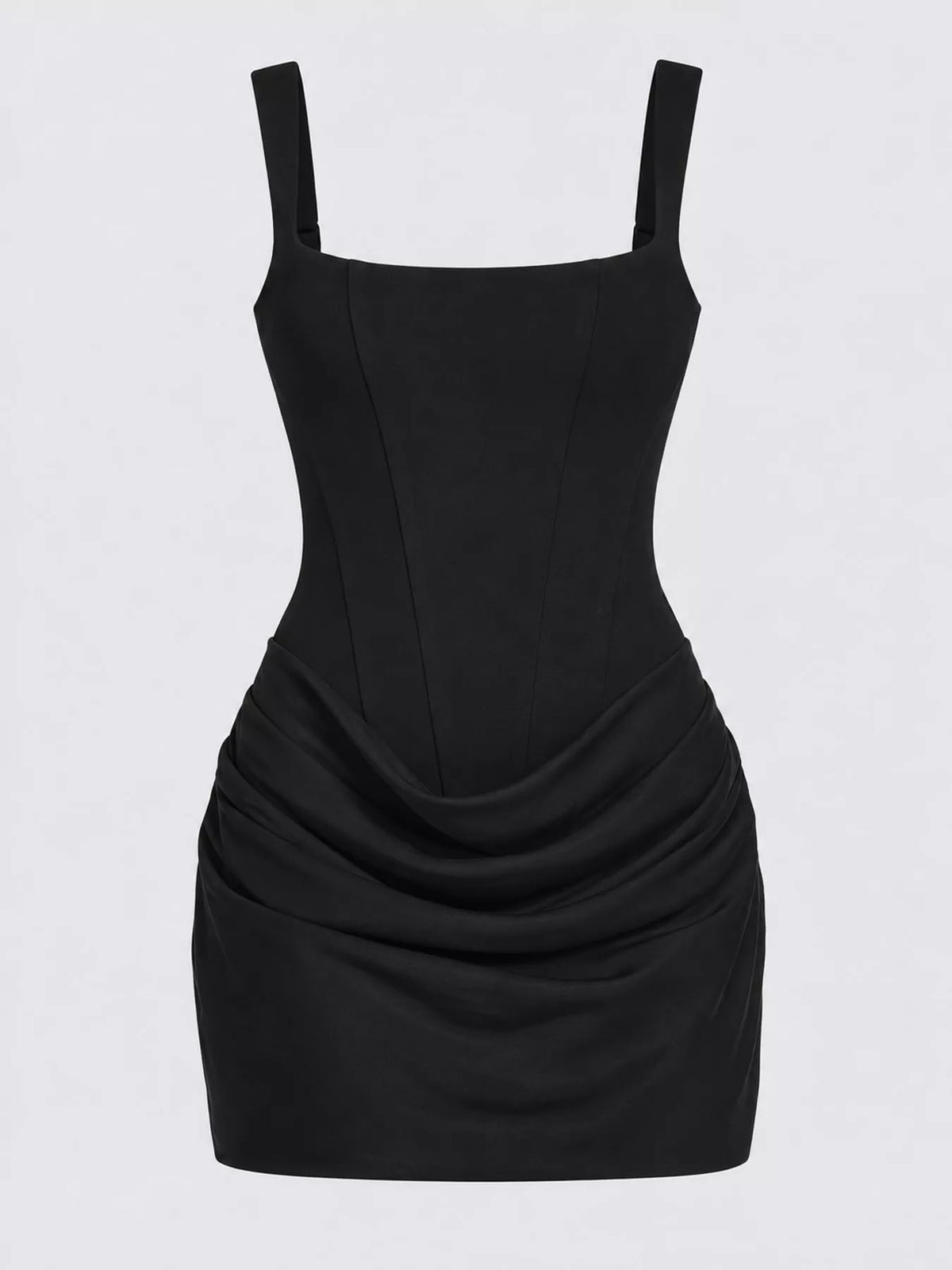Black corset mini dress, sleeveless square straps and ruched side drape