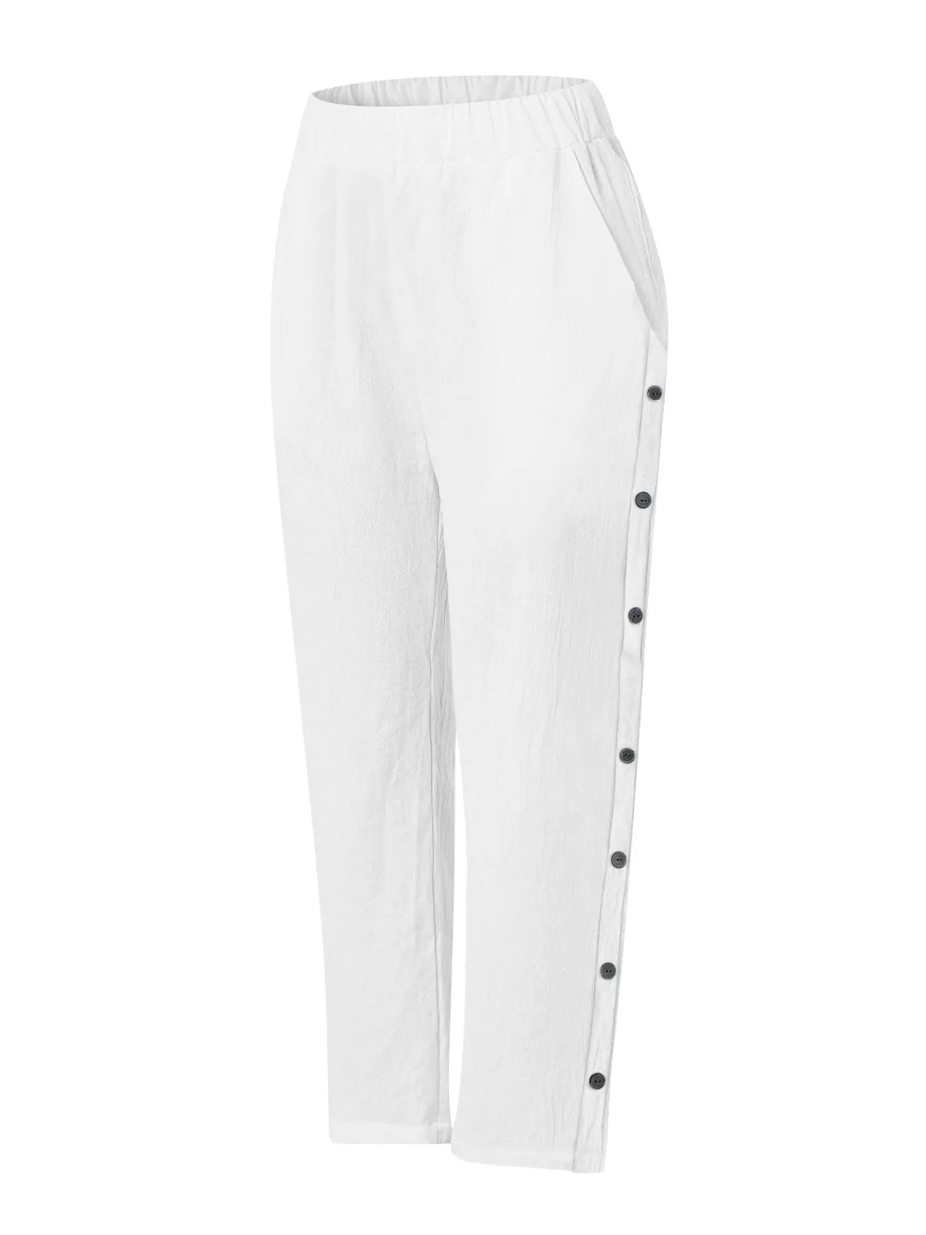 White wide-leg pants, side button placket, elastic waistband