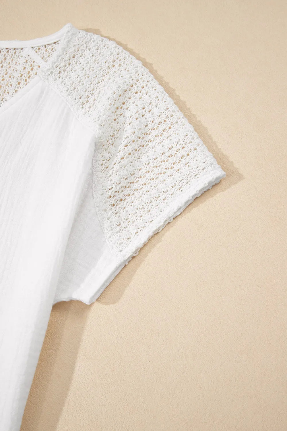 Cedar & Moore Lace Crochet Textured Button Back V Neck T Shirt by Trendsi, white openwork short sleeves