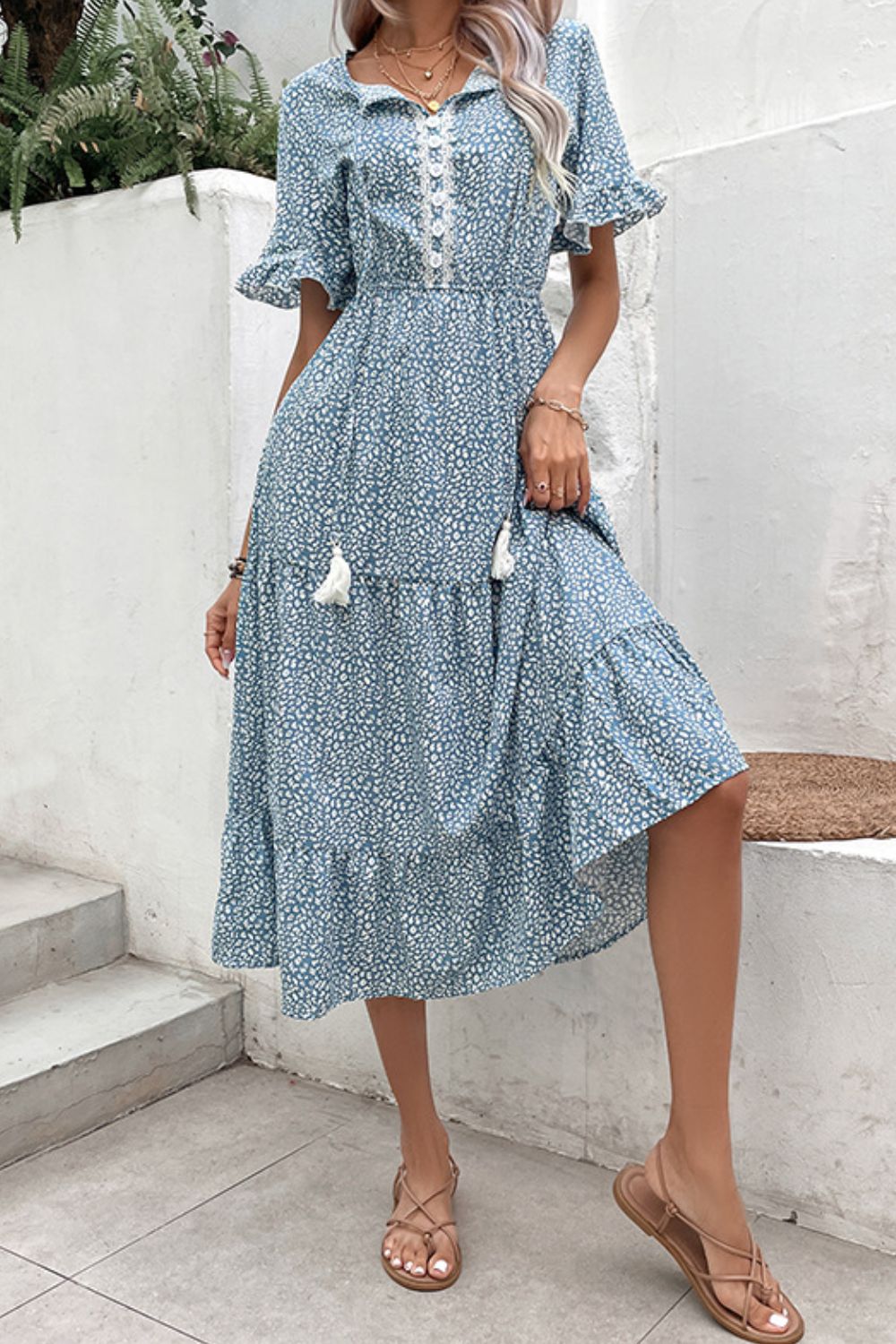 Light blue printed flounce sleeve midi dress with button placket and tassel details