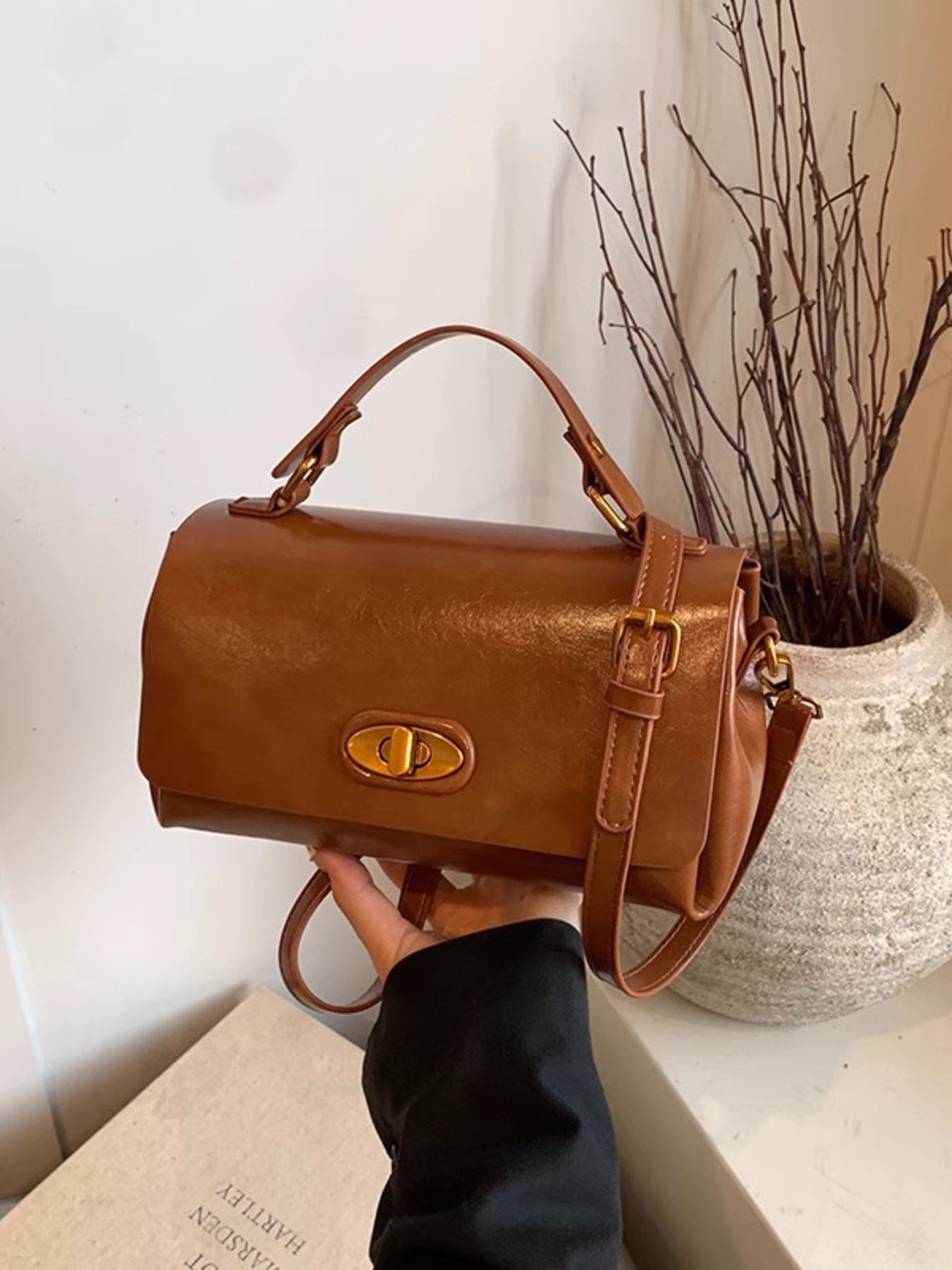 Flap shoulder bag, small brown PU with gold hardware and adjustable crossbody strap