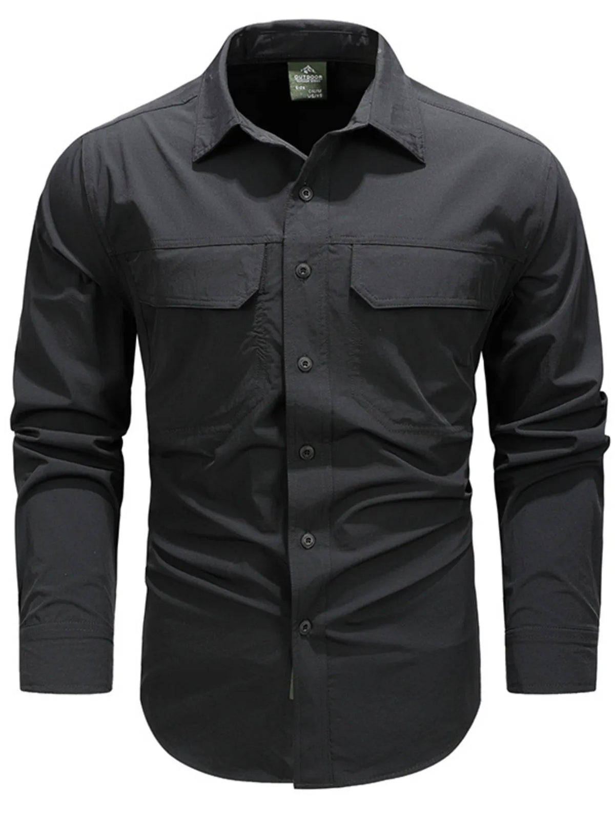 Men's lightweight cotton button-up shirt in black, long sleeves, button front.
