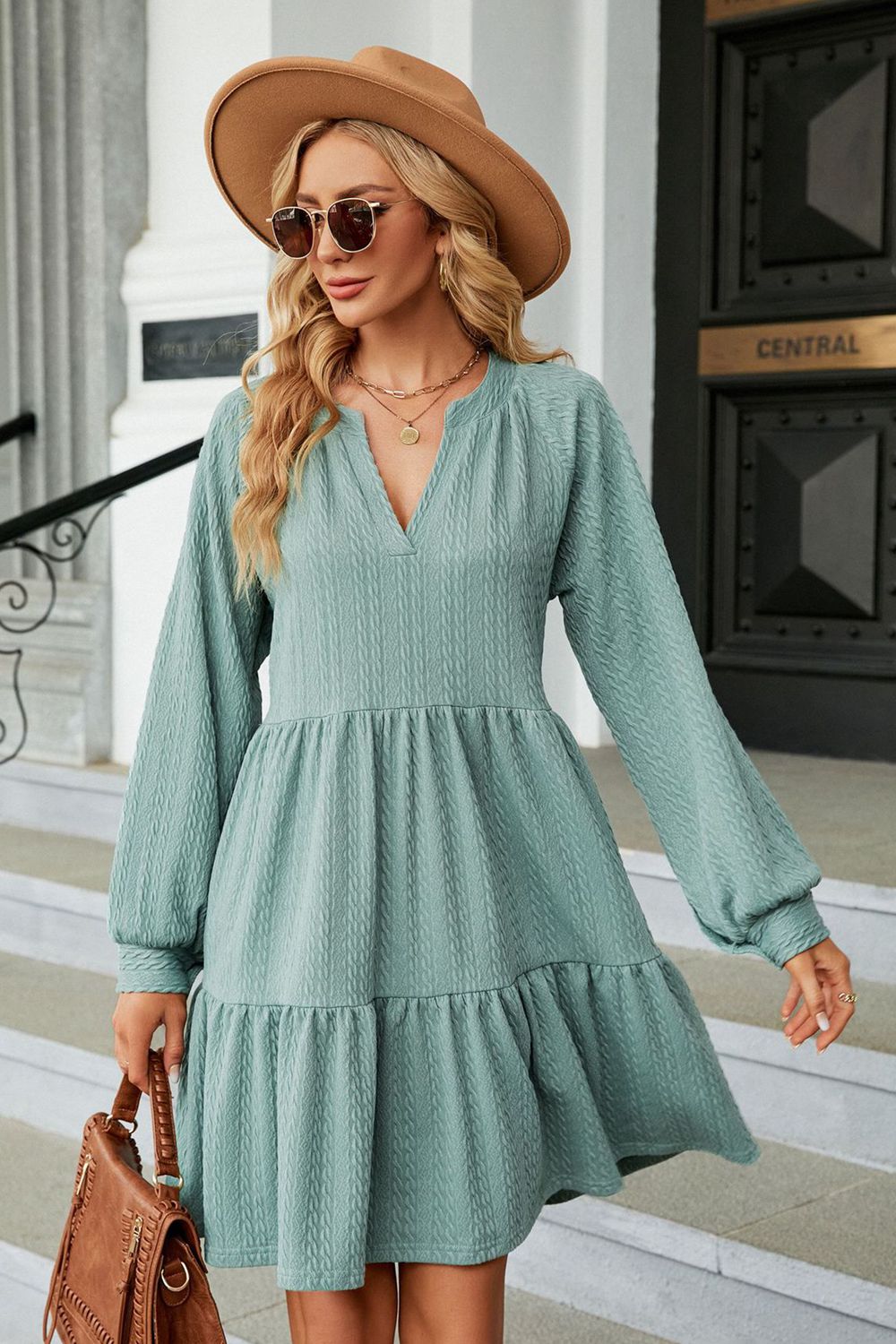 Light green notched-neck long-sleeve mini dress with tiered skirt and V-neck