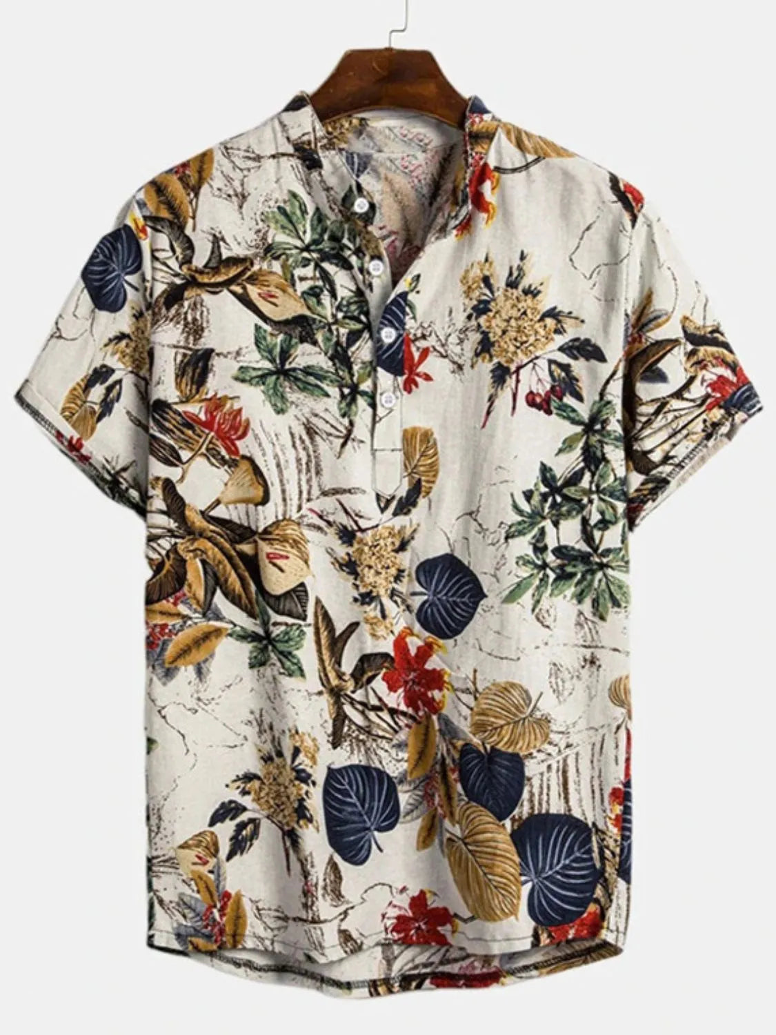 Men's short sleeve button-up shirt with multicolor floral and leaf print, front view