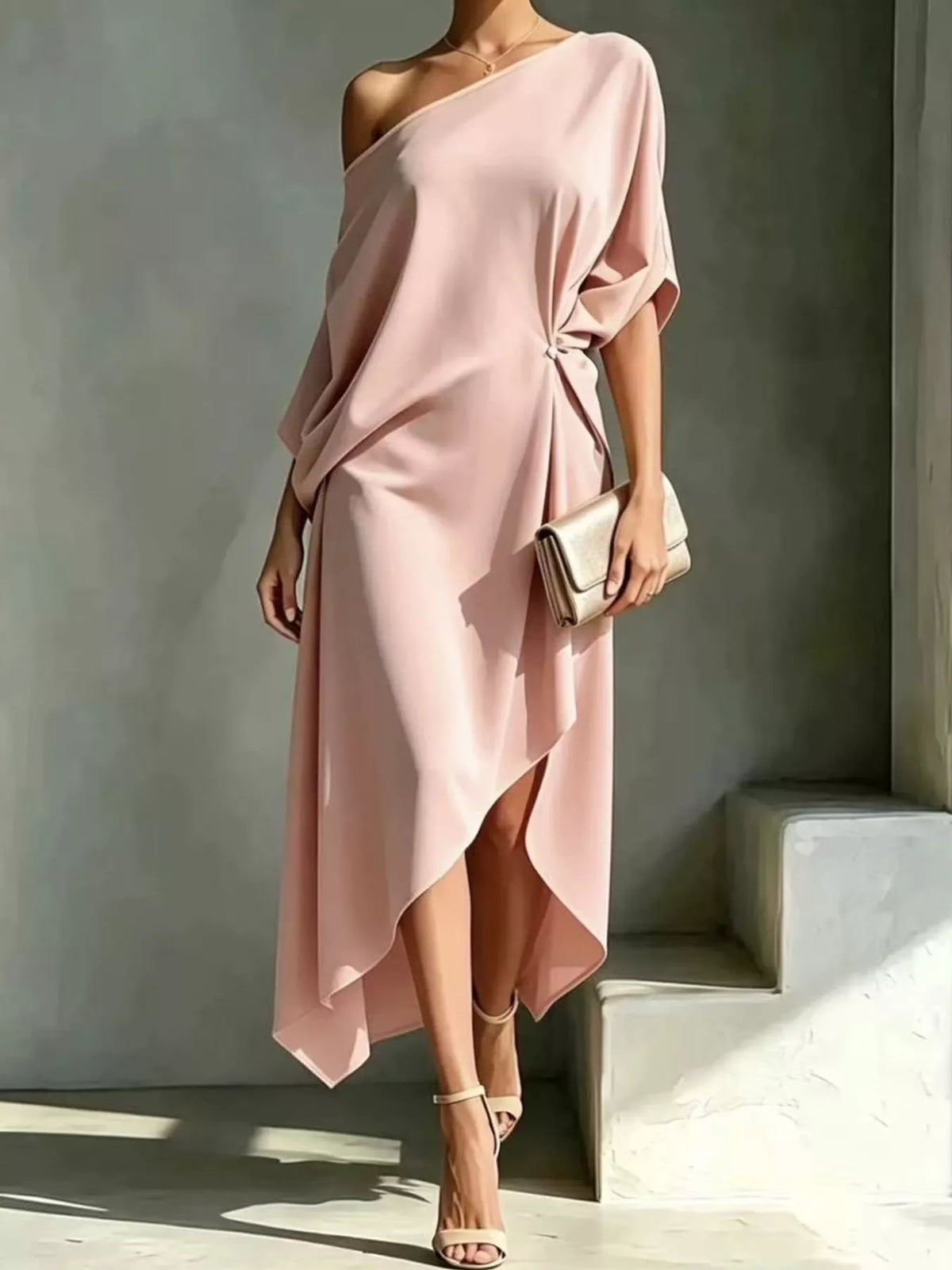 Blush pink one-shoulder ruched asymmetric midi dress with draped side panels and slit