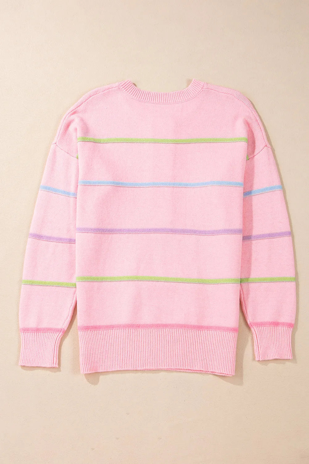 Blush pink contrast stripe knit sweater, crew neck with ribbed hem and horizontal multicolor stripes
