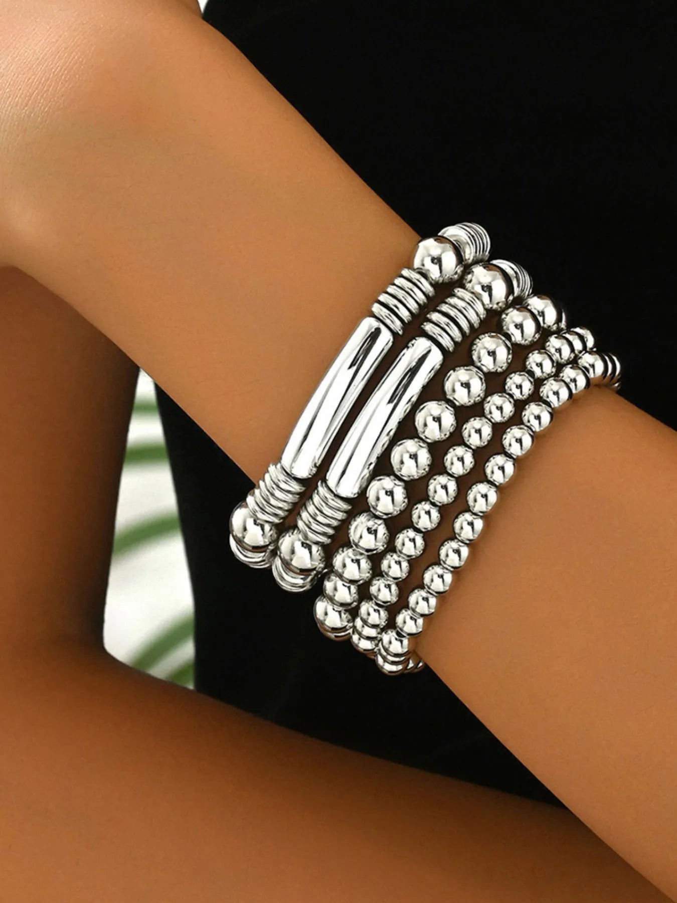 Silver 5-piece beaded bracelet set with stacked bead rows and tube charms