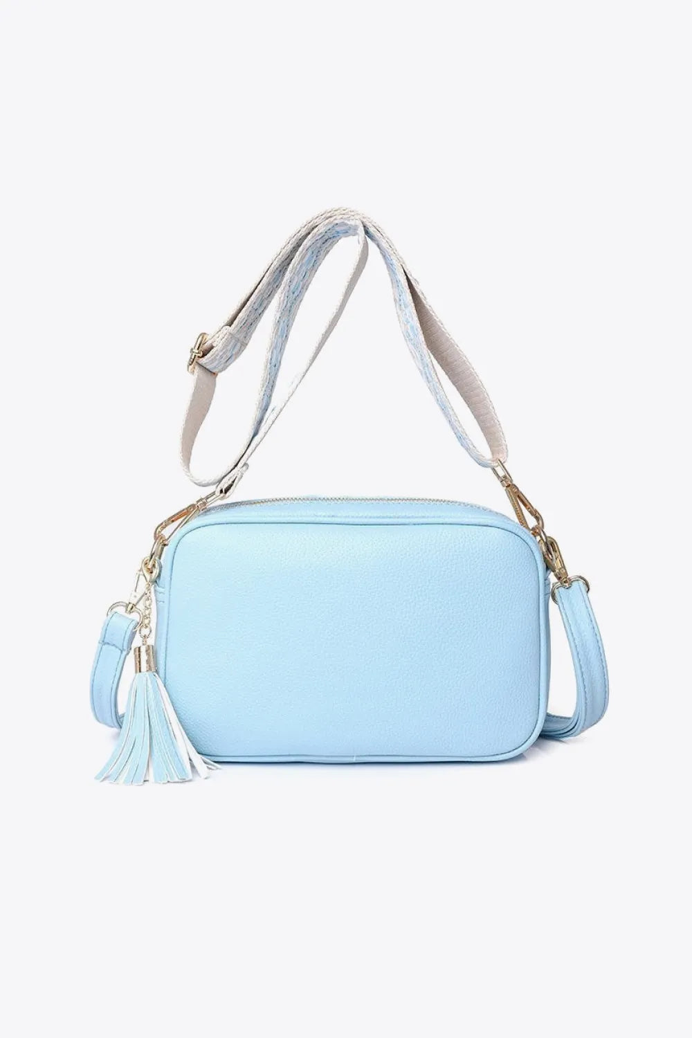 PU leather tassel crossbody bag, sky blue with gold-tone chain straps and tassel