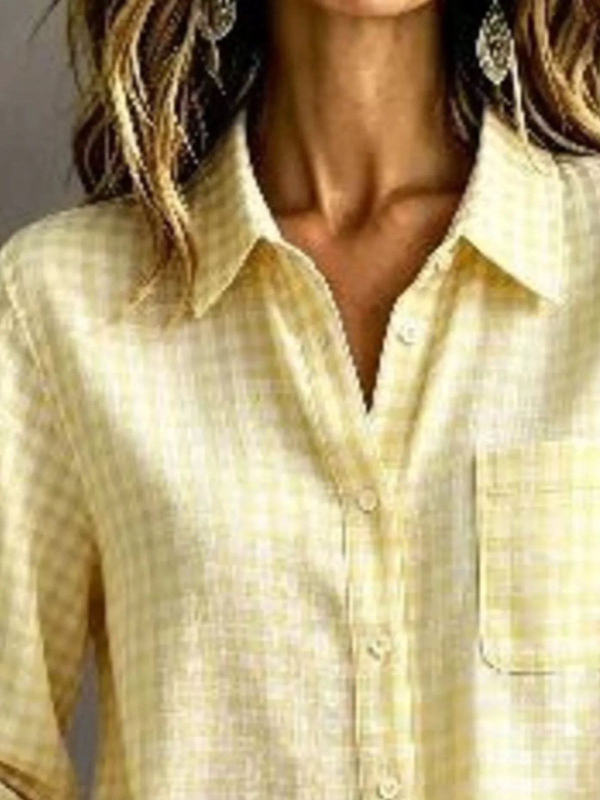 Light yellow gingham long-sleeve button-down shirt with open collar and chest pocket.