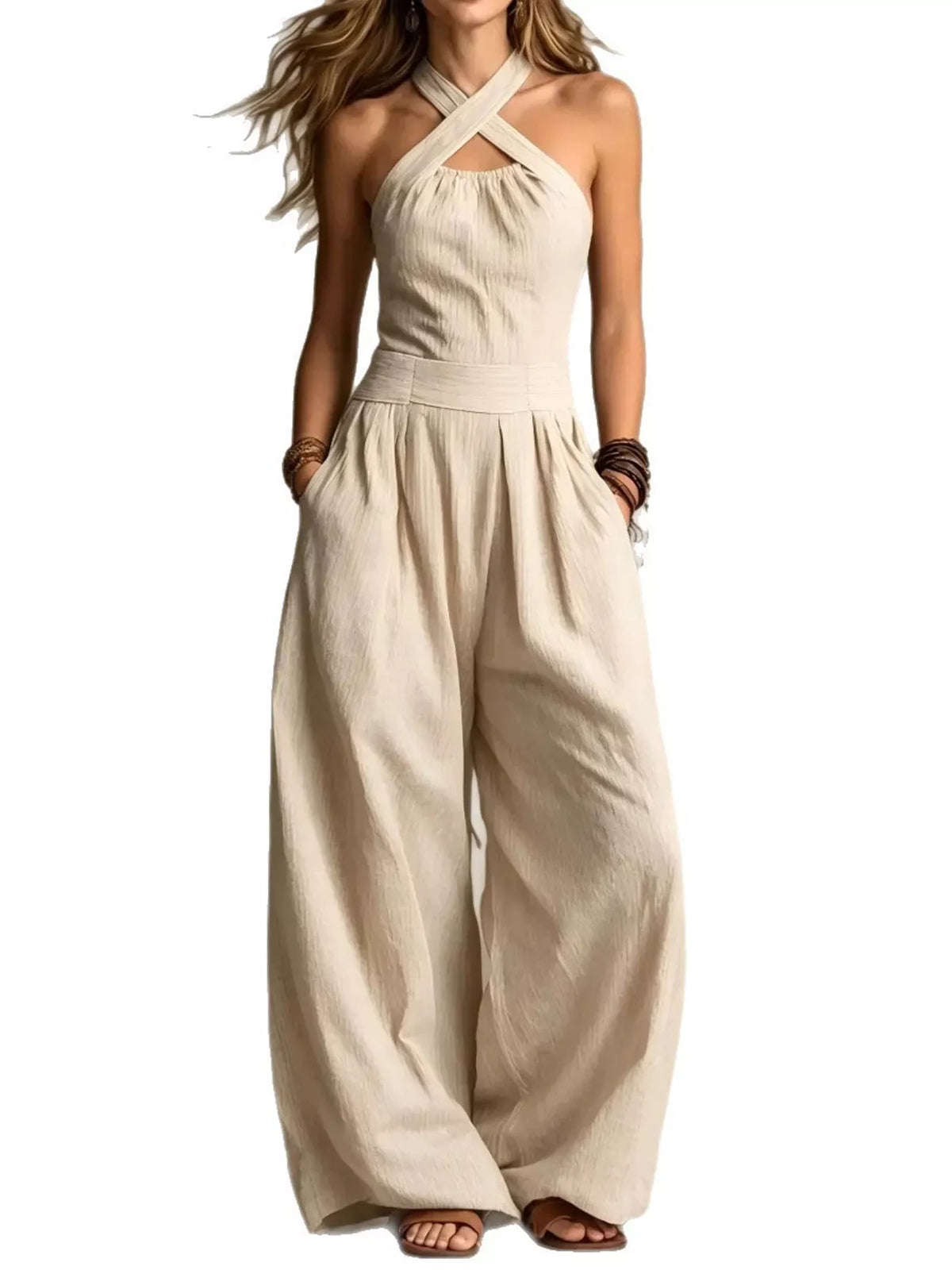 Off-white halter wide-leg linen jumpsuit with sleeveless cut and flowy wide pant legs