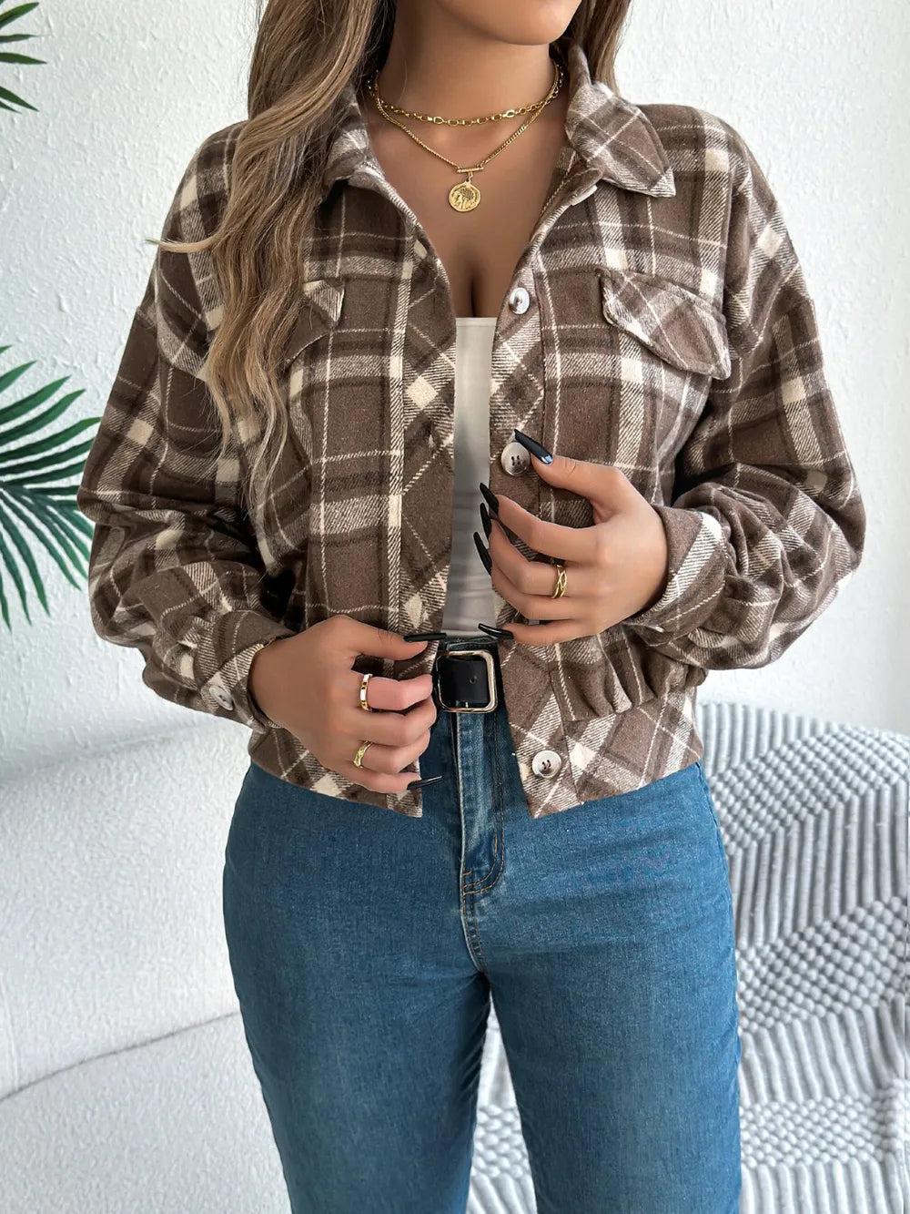 Plaid button-up long-sleeve jacket with front button placket and flap chest pockets