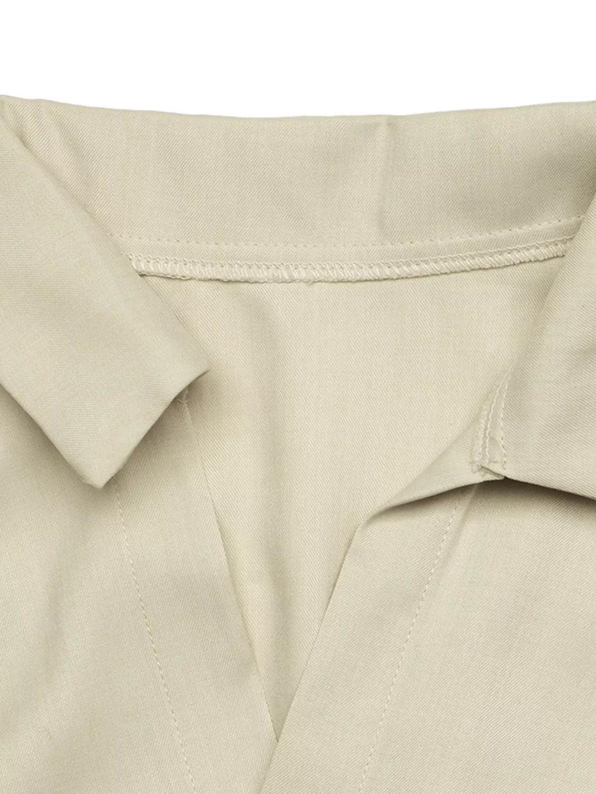 Khaki shirt dress neckline and front button placket with crisp collar