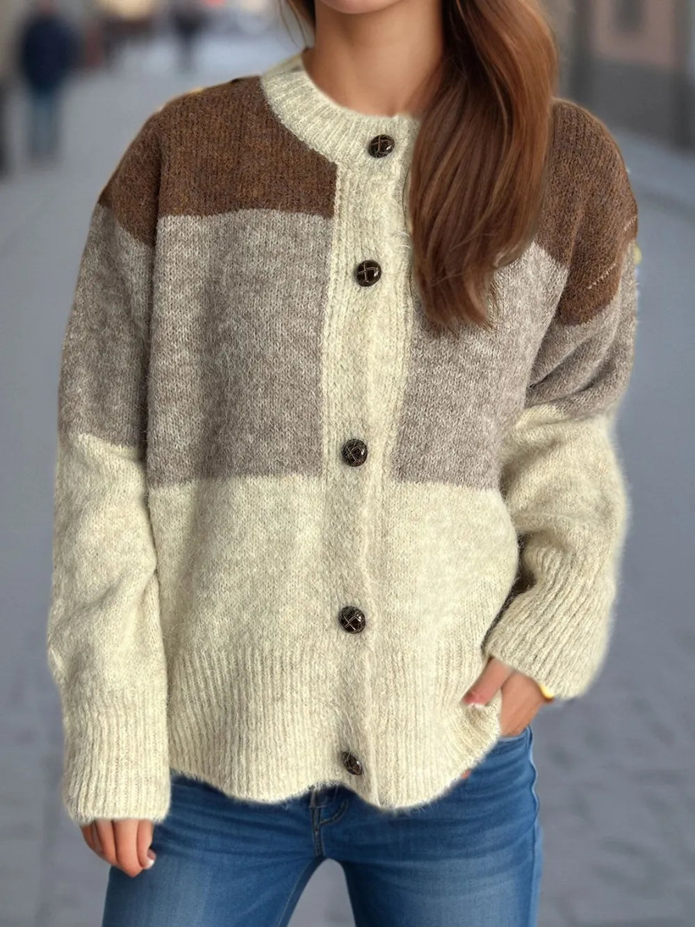 Color block round neck button-up cardigan, brown and cream blocks with dark button placket
