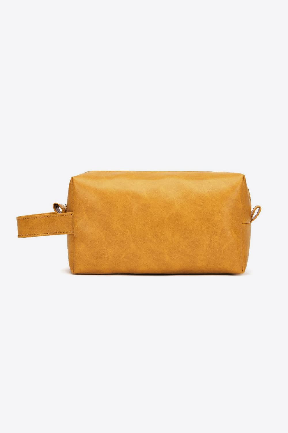 Caramel vegan leather makeup bag with top zipper and side handles