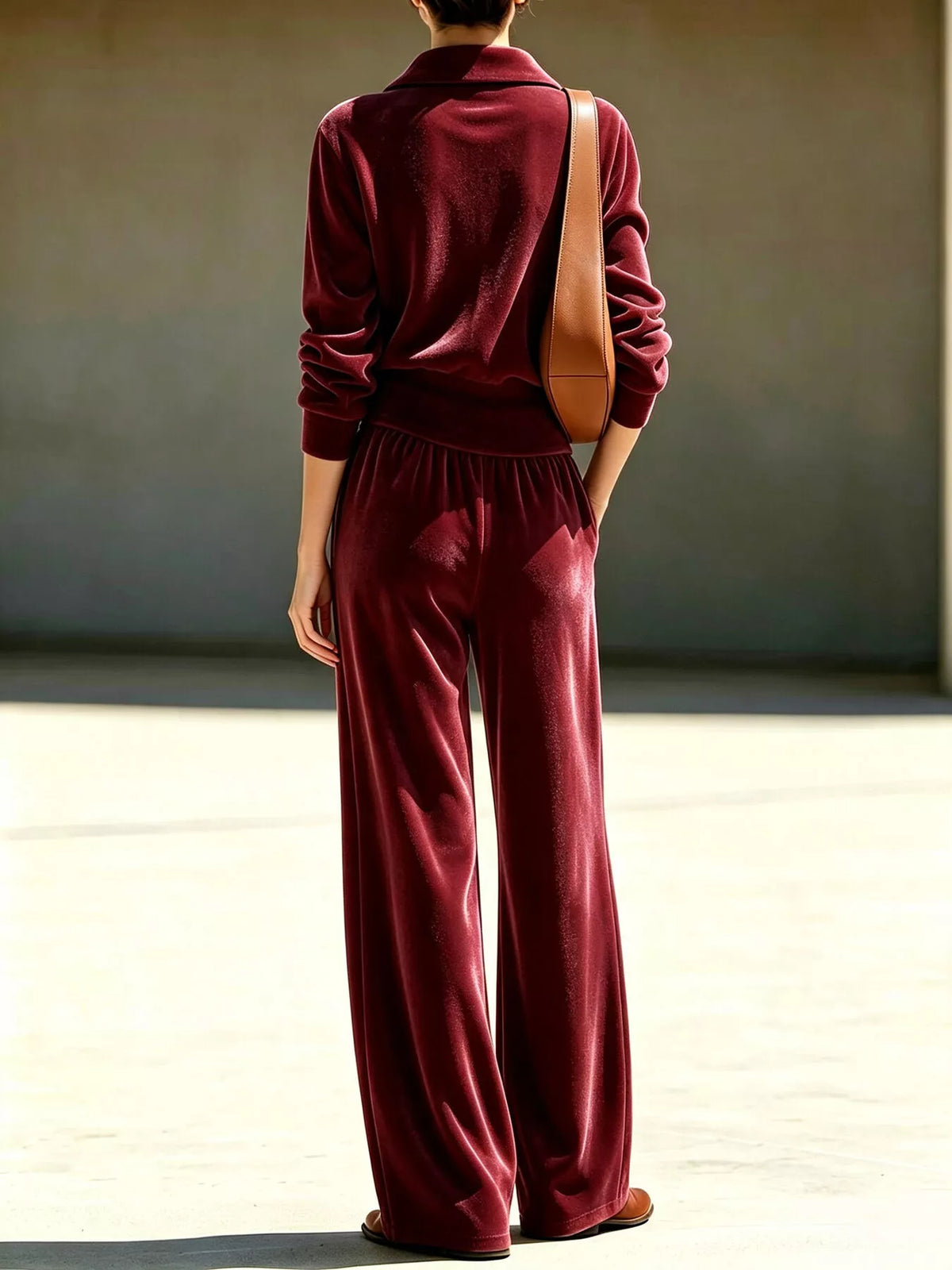 Velvet quarter-zip top and wide-leg pants set, burgundy, full-length wide legs.
