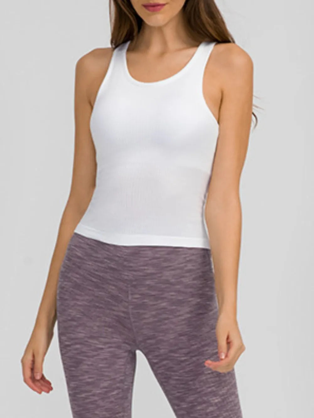 White active tank top with round neck and racerback, ribbed knit finish
