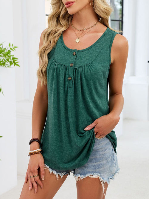 Dark green button-front tank top with round neckline and gathered bust