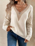 Cream openwork V-neck long-sleeve sweater with beige trim and ribbed cuffs