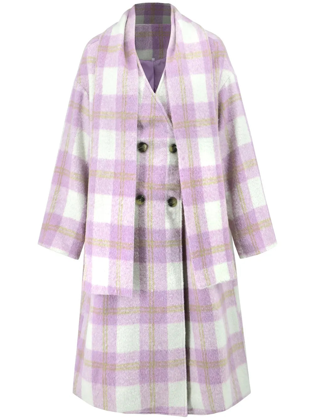 Plaid button-up long coat front in lavender and white plaid with hooded V neckline and double-breasted
