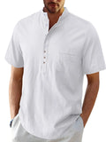 Men's linen polo shirt, white; short sleeves, button placket, chest pocket.