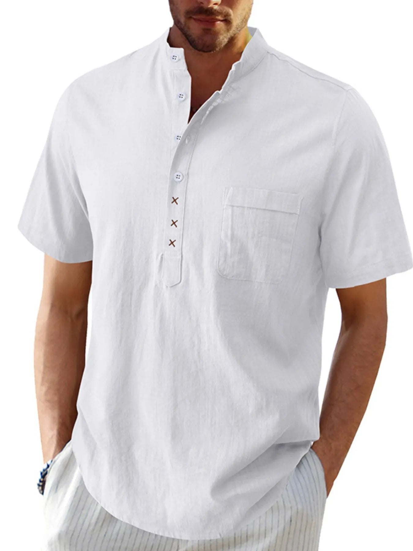 Men's linen polo shirt, white; short sleeves, button placket, chest pocket.