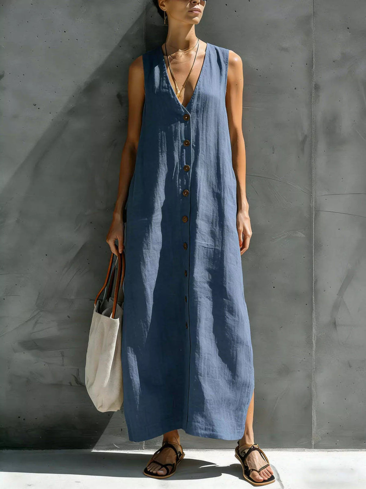 Sleeveless V-neck button-front maxi dress, navy blue with gold button placket