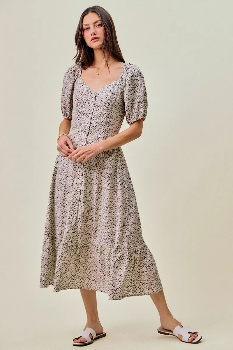 Ditsy floral maxi dress with square neckline, puff sleeves, and elastic waist, off white/black